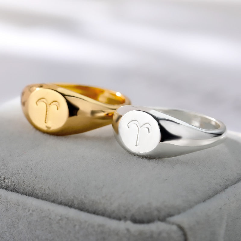 Zodiac stainless steel ring in gold and silver